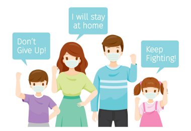 Aile Maskeleri Üzerinde Mesajlar Var, Pes etmeyin, Savaşmaya Devam Edin, Evde kalacağım, Sosyal Mesafe, Solunum, Güvenlik, Koruma, Salgın, Patojen