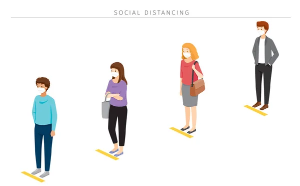 Concepto Distanciamiento Social Personas Con Máscaras Quirúrgicas Pie Con Distancia — Vector de stock