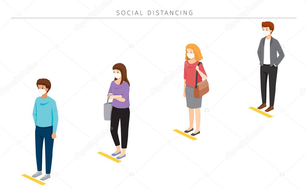 Social Distancing Concept, People Wearing Surgical Masks Standing With Distance In Queue, Protection For Coronavirus Disease, Covid-19, Lifestyle, Leisure, Hobby