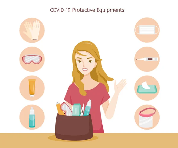 Woman Protective Equipments Coronavirus Disease Covid Objects Icons Set Appliance — стоковий вектор