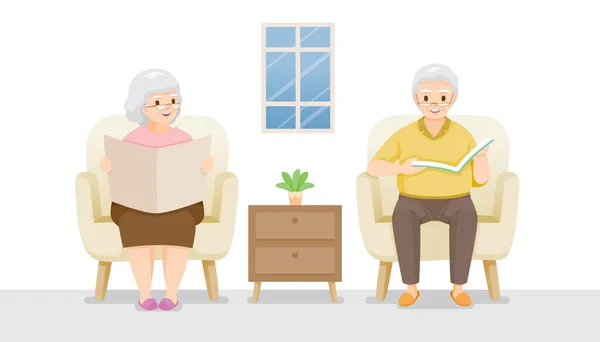 Δύο Ηλικιωμένοι Που Κάθονται Στον Καναπέ Διαβάζοντας Βιβλίο Και Εφημερίδα — Διανυσματικό Αρχείο