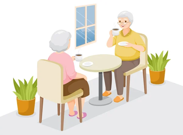 Dos Ancianos Sentados Tomando Café Juntos Quédense Casa Manténganse Seguros — Vector de stock