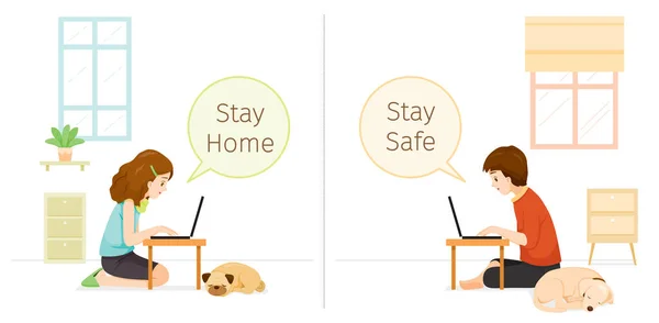 Man Woman Stays Home Stay Safe Sitting Floor Dog Cat — Stock Vector