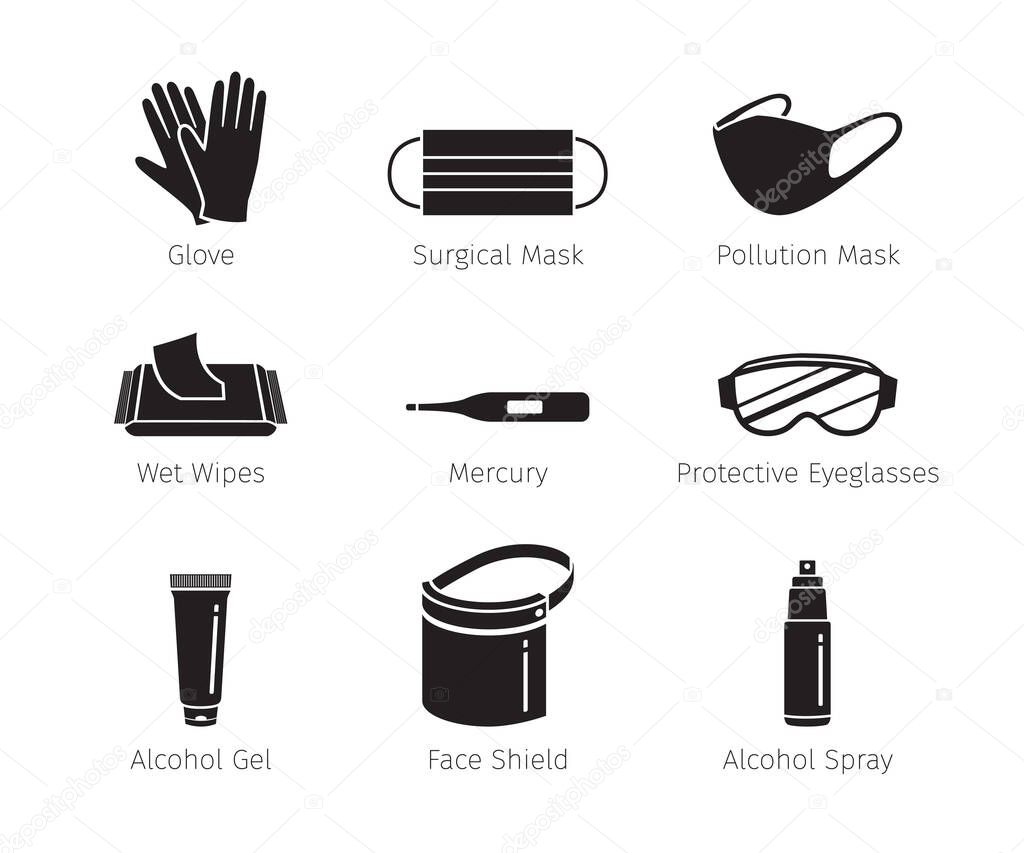  Set Of Protective Equipments For Coronavirus, Covid-19, Objects, Icons, Protection Oneself From Disease, Monochrome, Appliance, Accessories, Healthy