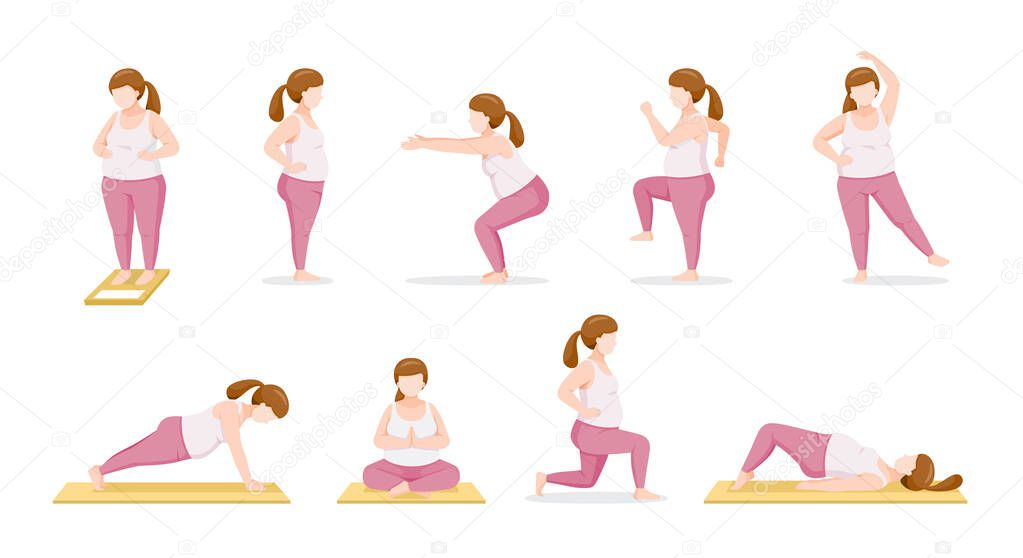 Set Of Fat Woman Exercising With Different Actions, Healthy, Physical Health, Lifestyle