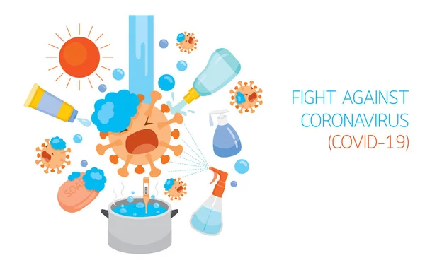 Coronavirus Caricatura Lucha Contra Diferentes Métodos Equipos Desinfección Protección Contra — Archivo Imágenes Vectoriales