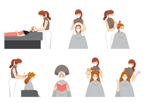 Жінка Перукарні Перевдягається Хірургічну Маску Doing Hair Customer Hair Salon — стоковий вектор