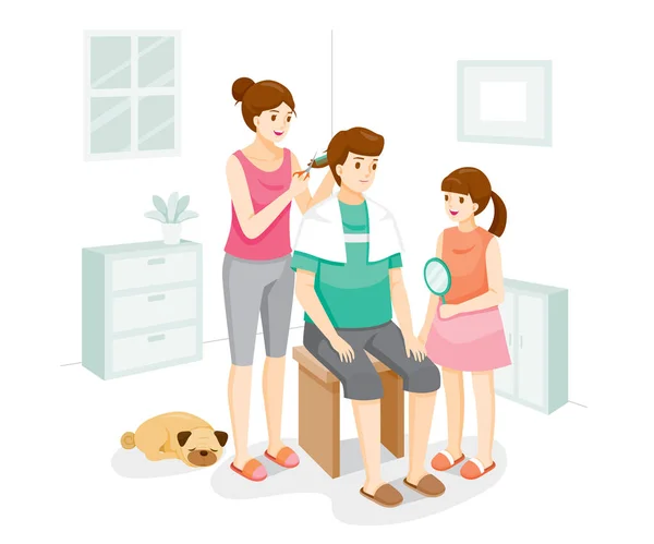 Esposa Cortando Pelo Para Esposo Casa Familia Permanecer Casa Juntos — Vector de stock