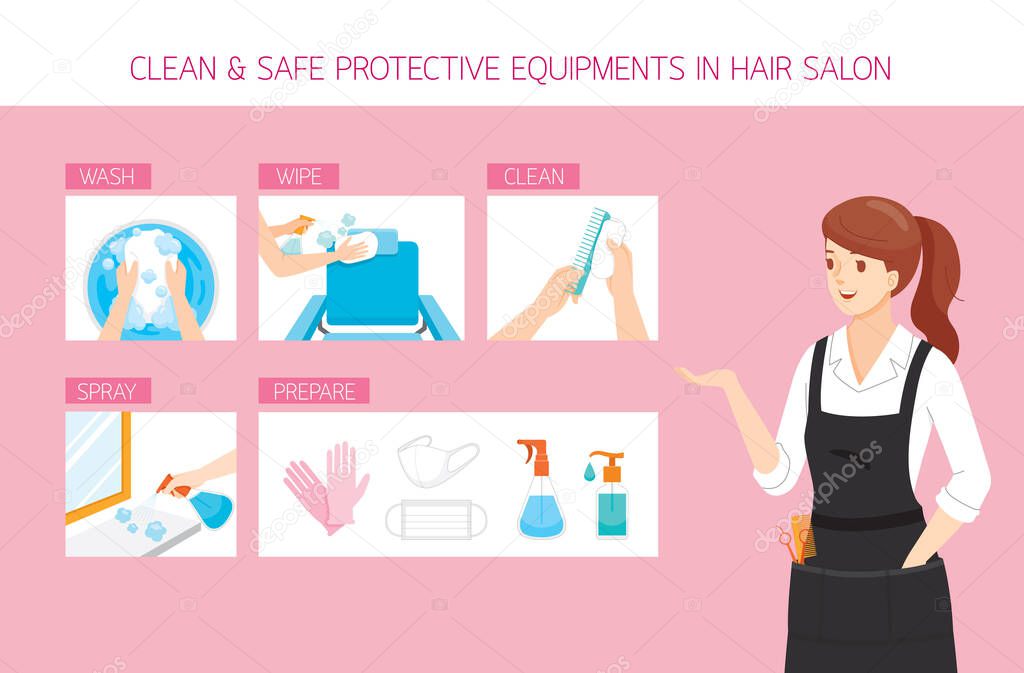 Female Hairdresser With Cleaning, Washing, Wiping, Preparing And Safe Equipments in Hair Salon, New Normal, Beauty, Shop, Healthcare