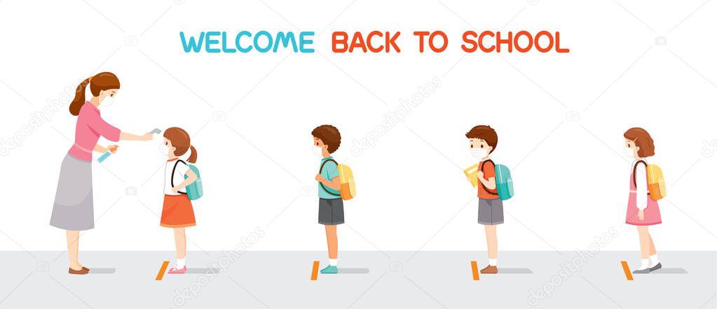 Welcome Back To School, Children Wearing Surgical Mask In A Row, Teacher Measuring The Body Temperature Of Student Before Entering School, Educational, Instruction, Sanitary, Healthcare, Safety