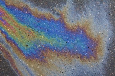 ıslak asfalt üzerinde büyük çok renkli su birikintisi şeklinde yayılmış yağ damla döktüm yakın çekim