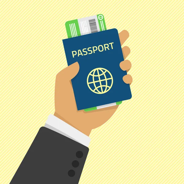 Passaporto in mano con biglietti. — Vettoriale Stock