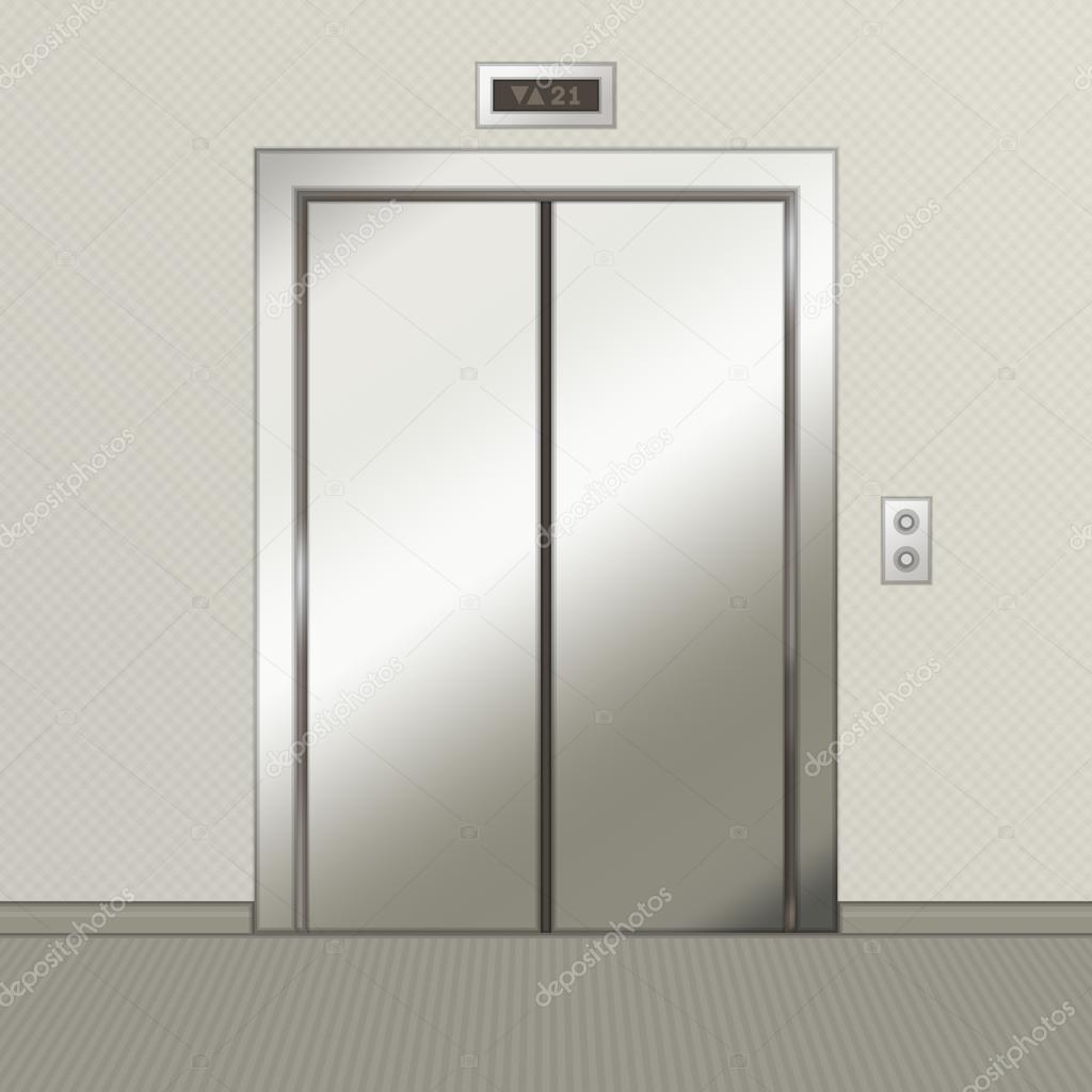 Iron elevator with closed doors.