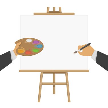 Holding eller boya ve şövale üzerinde fırça.