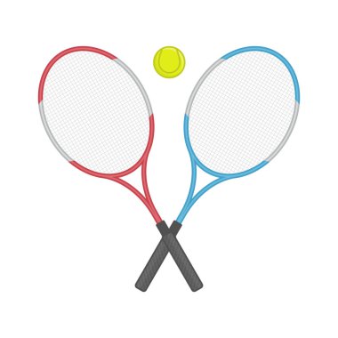 İki çapraz tenis raketi ve top..