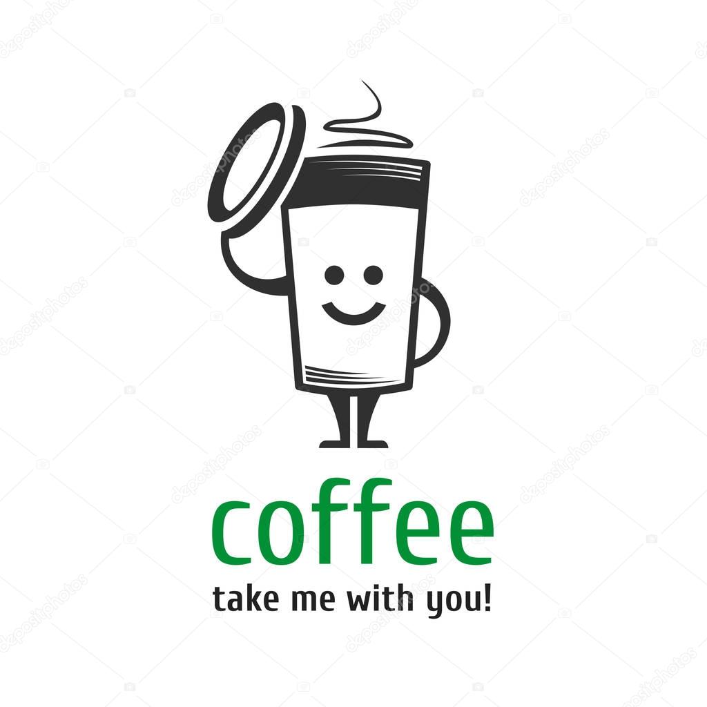 Vector character cup of coffee. Template logo for coffee shops, takeaway coffee, coffee to go. Smiling cup of coffee.