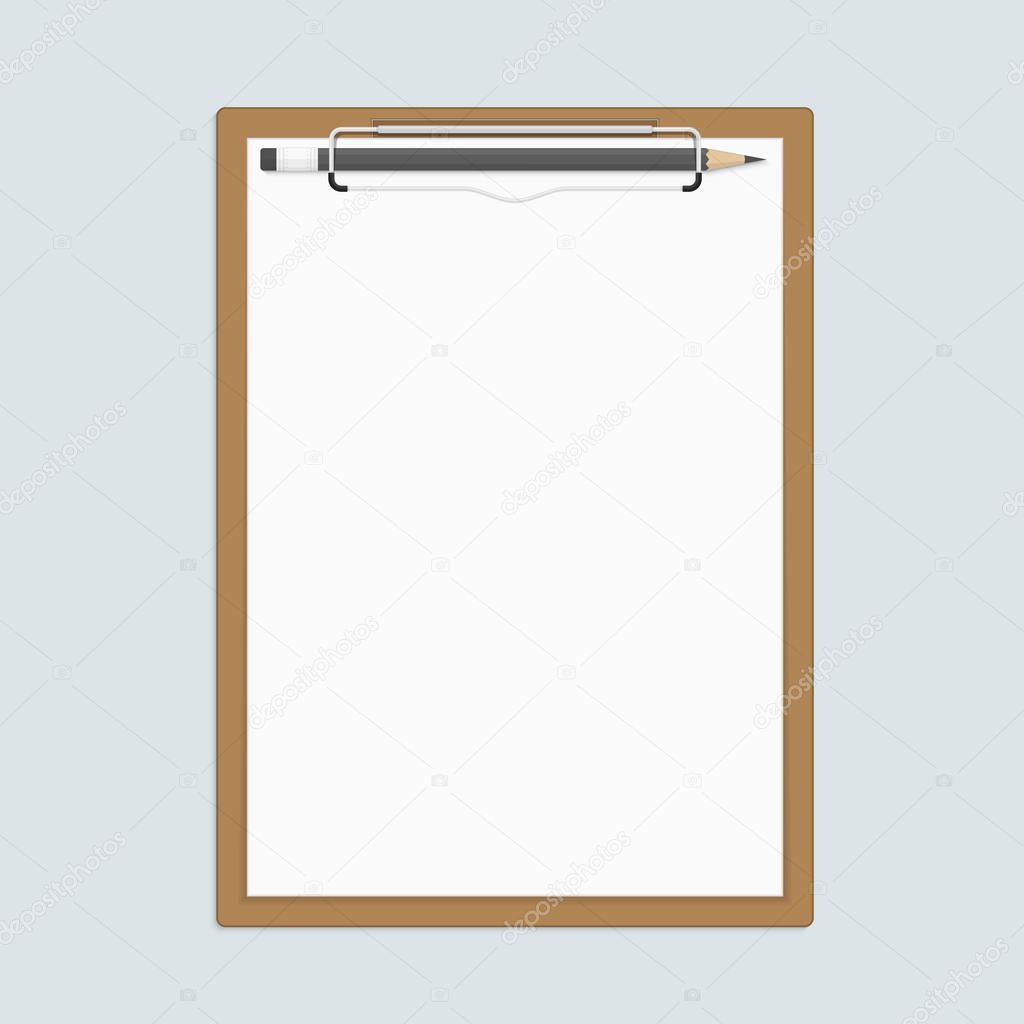 Realistic clipboard with paper and pencils.