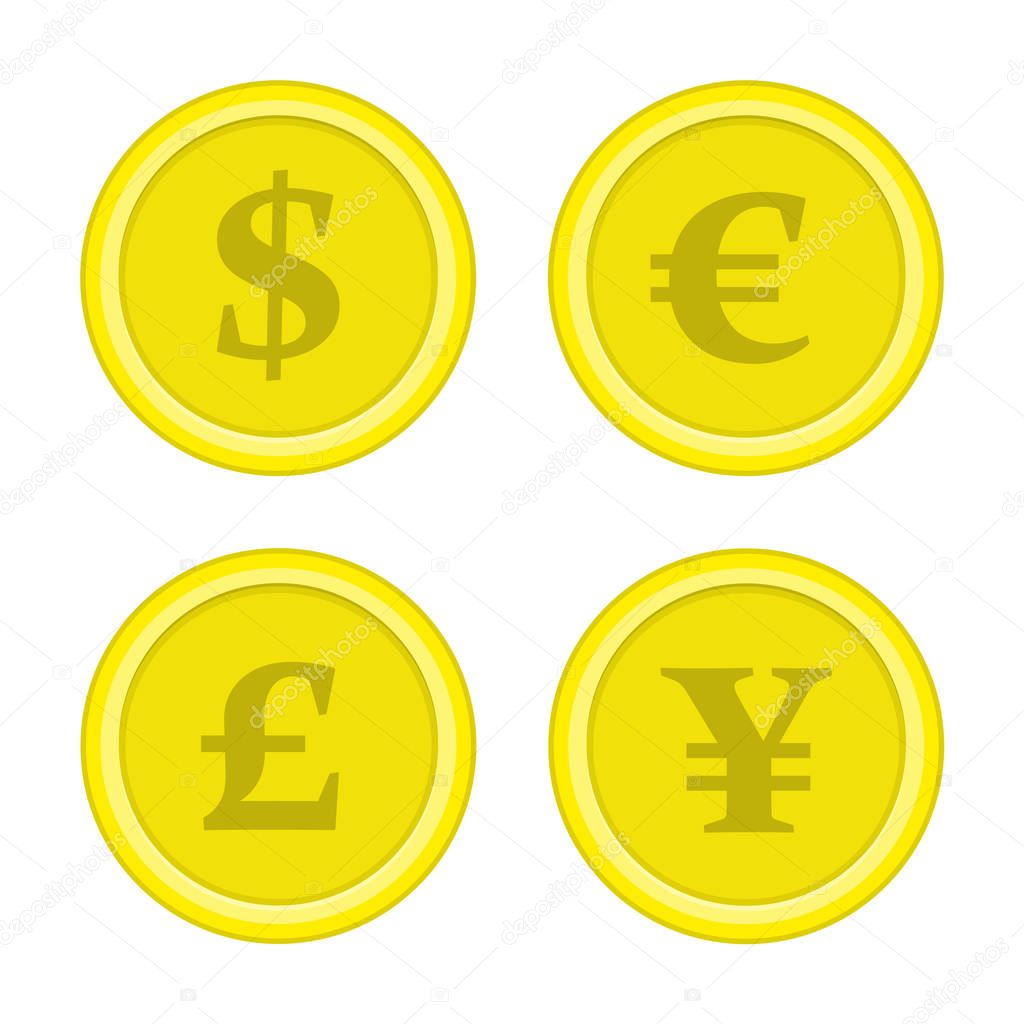 Set of coins dollar euro yen.