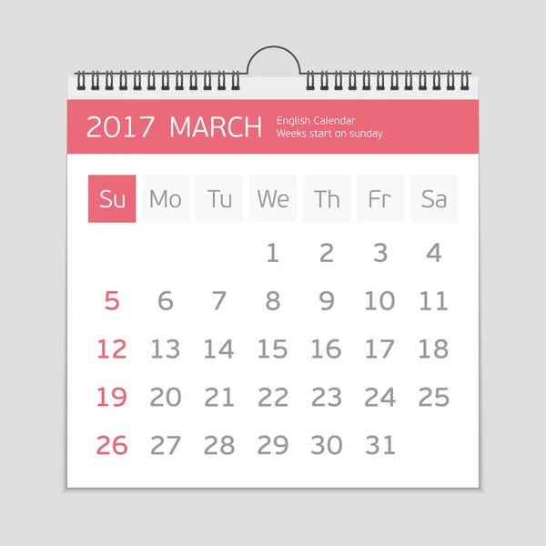 2017 plantilla de calendario de marzo . — Archivo Imágenes Vectoriales