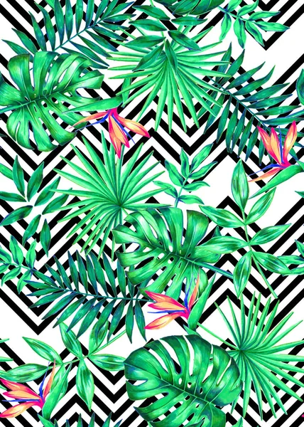 Seamless bright hand painted in watercolor tropical foliage pattern — Stock Photo, Image