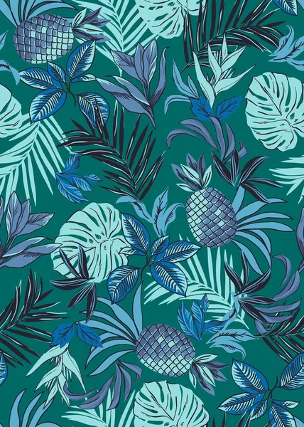 无缝热带模式与菠萝、 龟背竹叶、 棕榈叶 — 图库照片