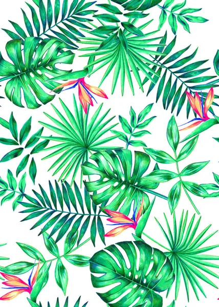 Seamless bright hand painted in watercolor tropical foliage pattern — Stock Photo, Image