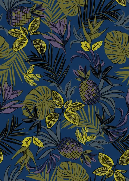 Naadloze tropische patroon met ananas, monstera blad, palmbladeren — Stockfoto