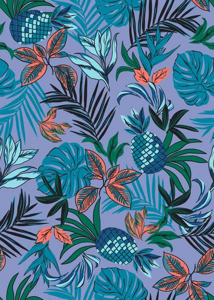 Seamless tropical pattern with pineapple, monstera leaf, palm leaves — Stock Photo, Image