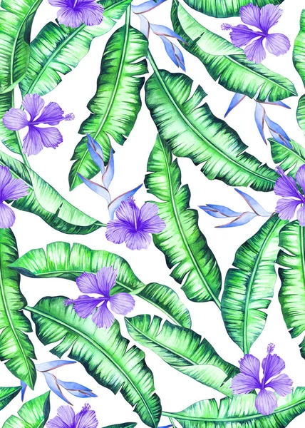 Nahtloses Bananenblatt-Muster mit Hibiskus- und Helikonia-Blüten — Stockfoto