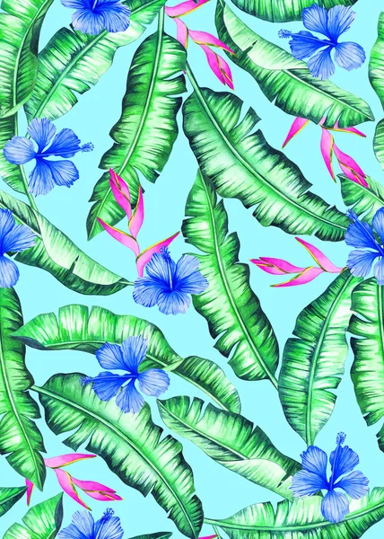Απρόσκοπτη μπανάνα φύλλα μοτίβο με λουλούδια ιβίσκου και heliconia — Φωτογραφία Αρχείου
