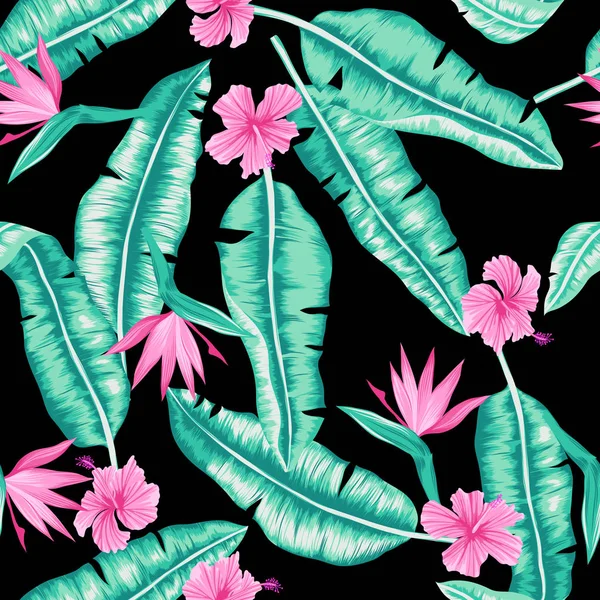Διάνυσμα απρόσκοπτη γραφικό μπανάνα φύλλα με άνθη μοτίβο — Διανυσματικό Αρχείο