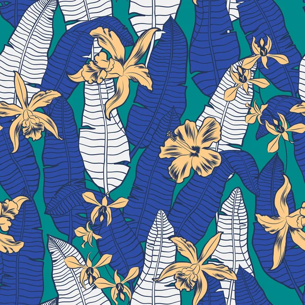 矢量无缝热带花纹着香蕉叶和兰花花 — 图库矢量图片