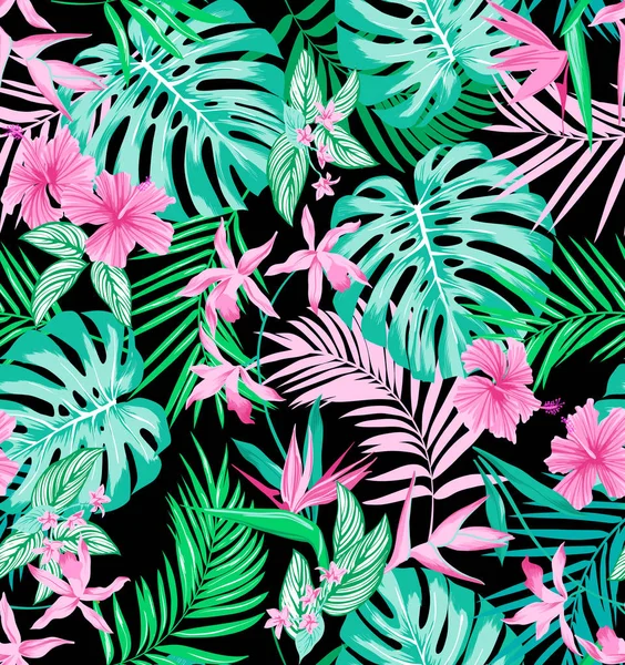 Vecteur sans couture motif tropical vif avec des fleurs — Image vectorielle