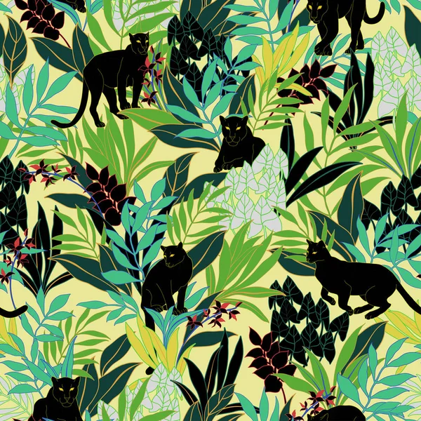 Vector Seamless Graphical Bold Tropical Pattern Black Puma Cat Wild — ストックベクタ