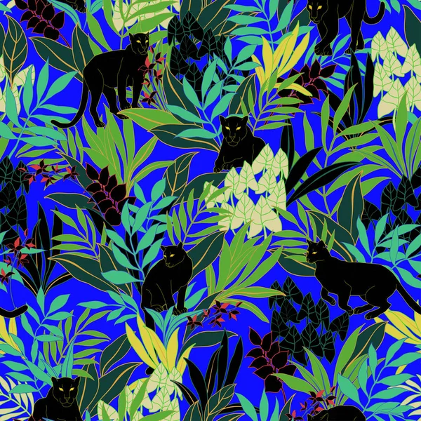 Vector Seamless Graphical Bold Tropical Pattern Black Puma Cat Wild — ストックベクタ