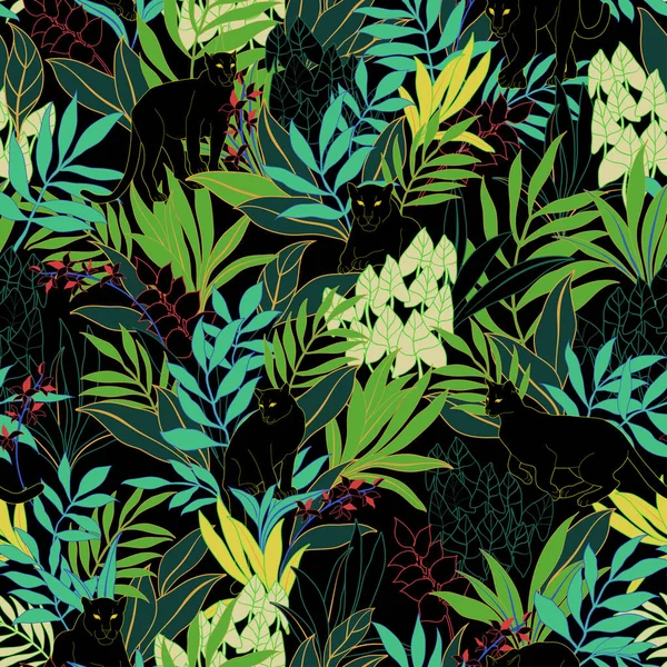 Motif Tropical Graphique Sans Couture Vectoriel Audacieux Avec Chat Puma — Image vectorielle