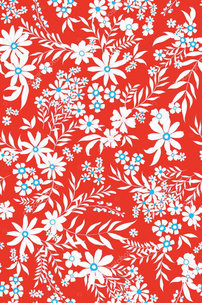 vector seamless ditsy floral pattern with fantasy flowers, leaves. Graphical flowers, allover design.