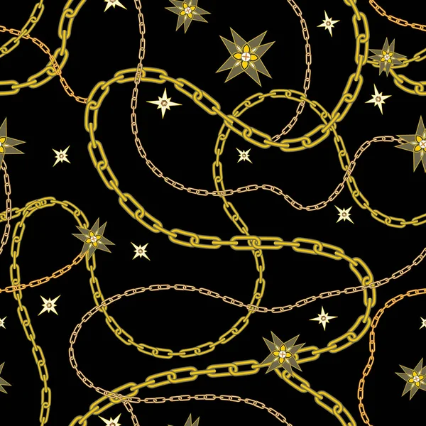 Vector Seamless Graphical Gold Chain Pattern Black Background Stars Gemstones Vektorgrafik