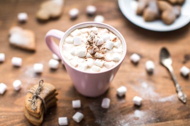 Sıcak kakao marshmallows hava ve zencefilli kurabiye ile