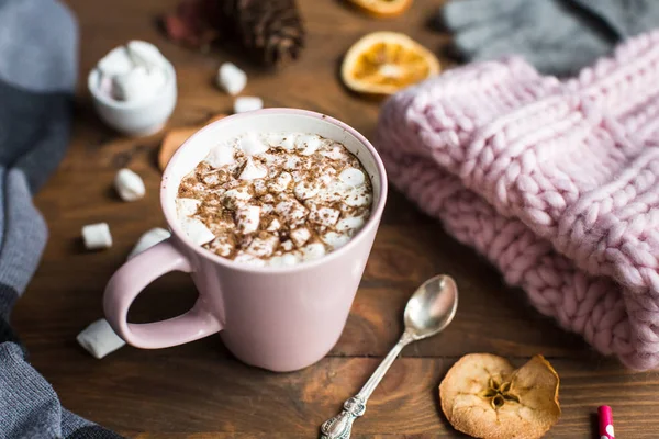 Winter still life: hat, gloves, hot chocolate with marshmallows — Stock Photo, Image