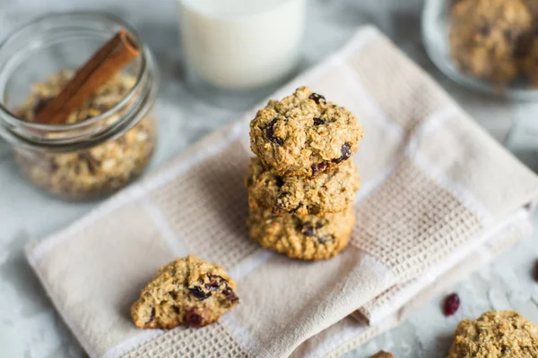 Oatmeal cookies with cranberries and milk — Stock Photo, Image