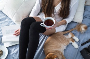 Kız bir fincan çay ile sıcak çorap ile kedi, kitap kapatın