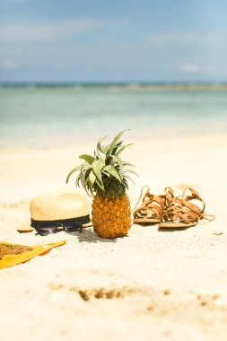 plaj görüntü: Sandal, bikini, şapka ve gözlük