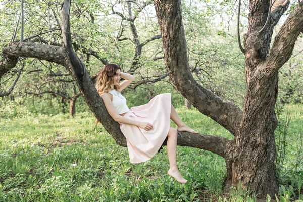 森の木の上に座って美しい少女 — ストック写真