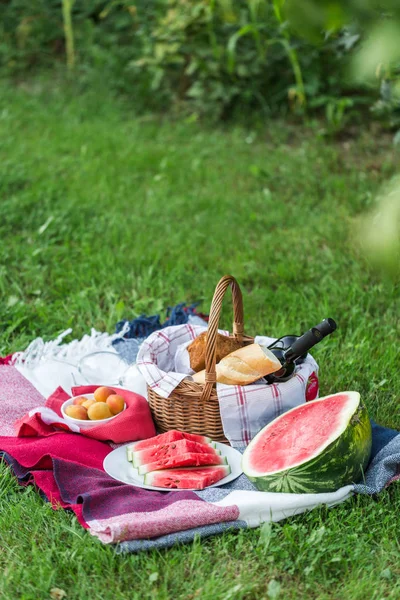 Summer picnic with French bread, wine and watermelon