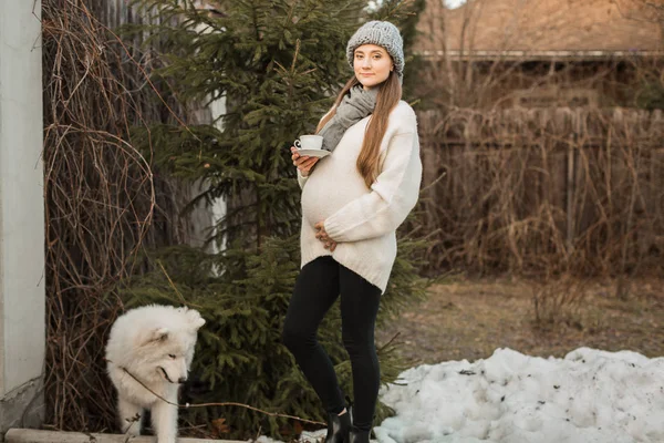 Беременная женщина за пределами города в природе — стоковое фото