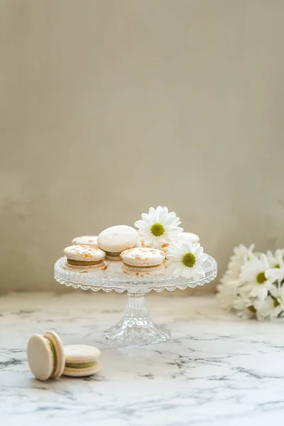 Cake macaron, macaroon on glass plate — Stock Photo, Image