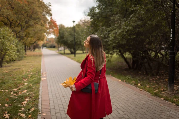 Młoda kobieta na spacerze w parku jesienią w pięknej pogodzie — Zdjęcie stockowe