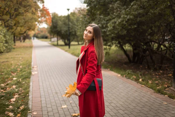 Young woman on a walk in the park in autumn in fine weather — Stockfoto