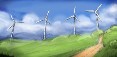 sahadaki rüzgar türbinlerinin soyut çizim illüstrasyonu